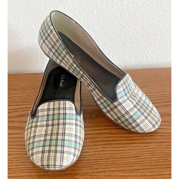 LL Bean Women's Flats Loafer Slip On Size 8 M Sky Blue Plaid Canvas - Picture 1 of 9